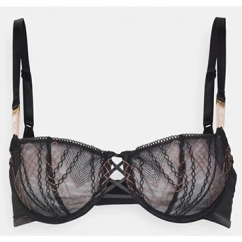 Chantelle NWT Women’s Memento Lace Unlined Demi Bra Black/Pink Lurex 32B